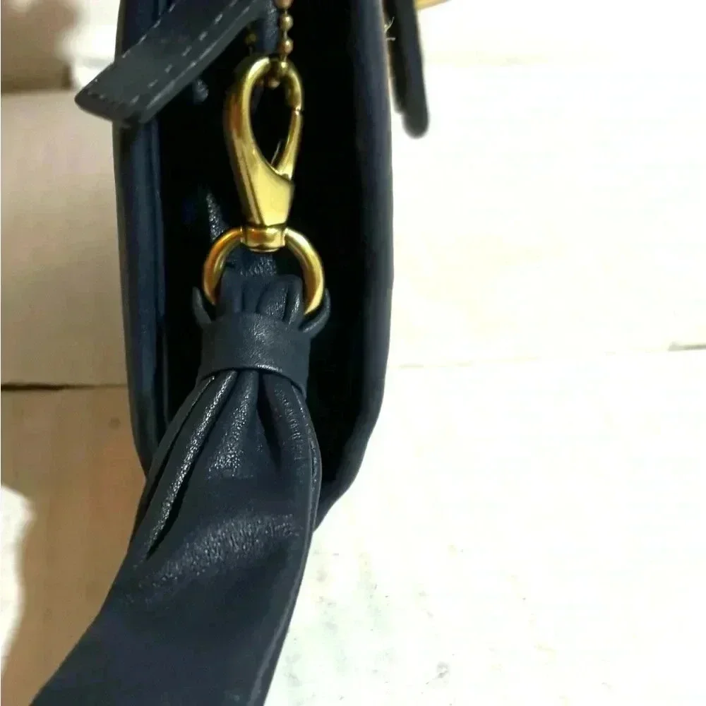 Coach beige straw & navy blue leather clutch wristlet